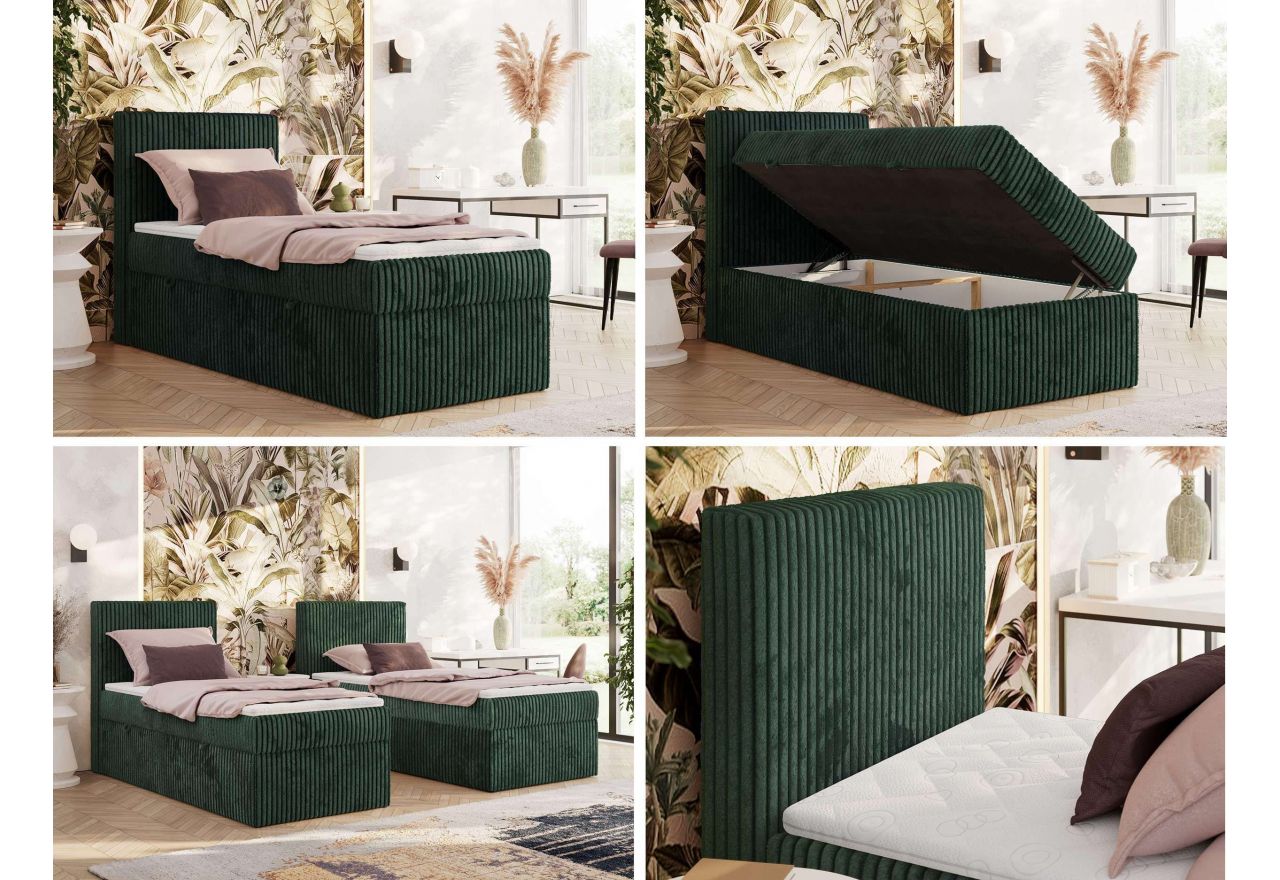 Łóżko kontynentalne TILIANO 90x200 - H3 - ciemnozielony, sztruks - strona lewa - topper Visco