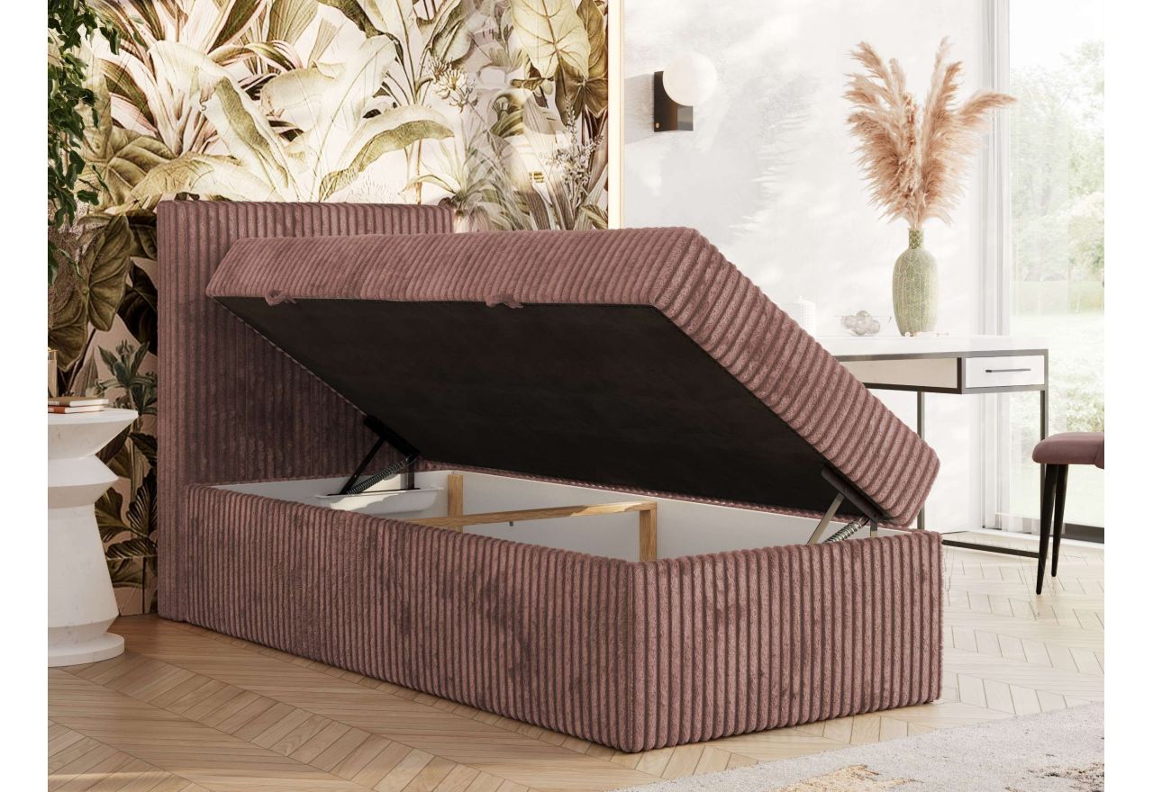 Łóżko kontynentalne TILIANO 90x200 - H3 - różowy, sztruks - strona lewa - topper Visco