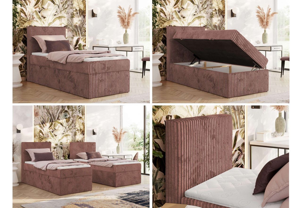 Łóżko kontynentalne TILIANO 90x200 - H3 - różowy, sztruks - strona lewa - topper Visco