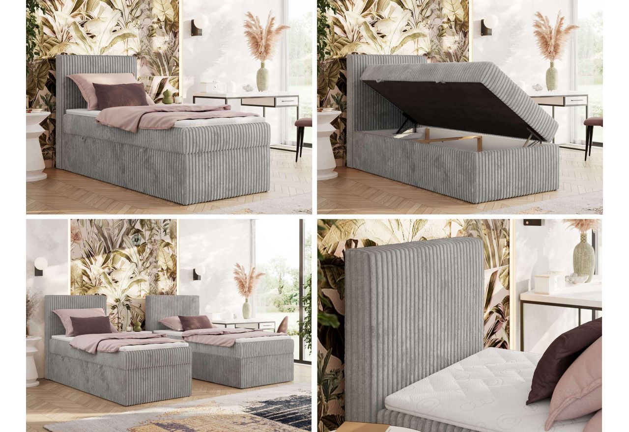 Łóżko kontynentalne TILIANO 90x200 - H3 - jasnoszary, sztruks - strona lewa - topper Visco