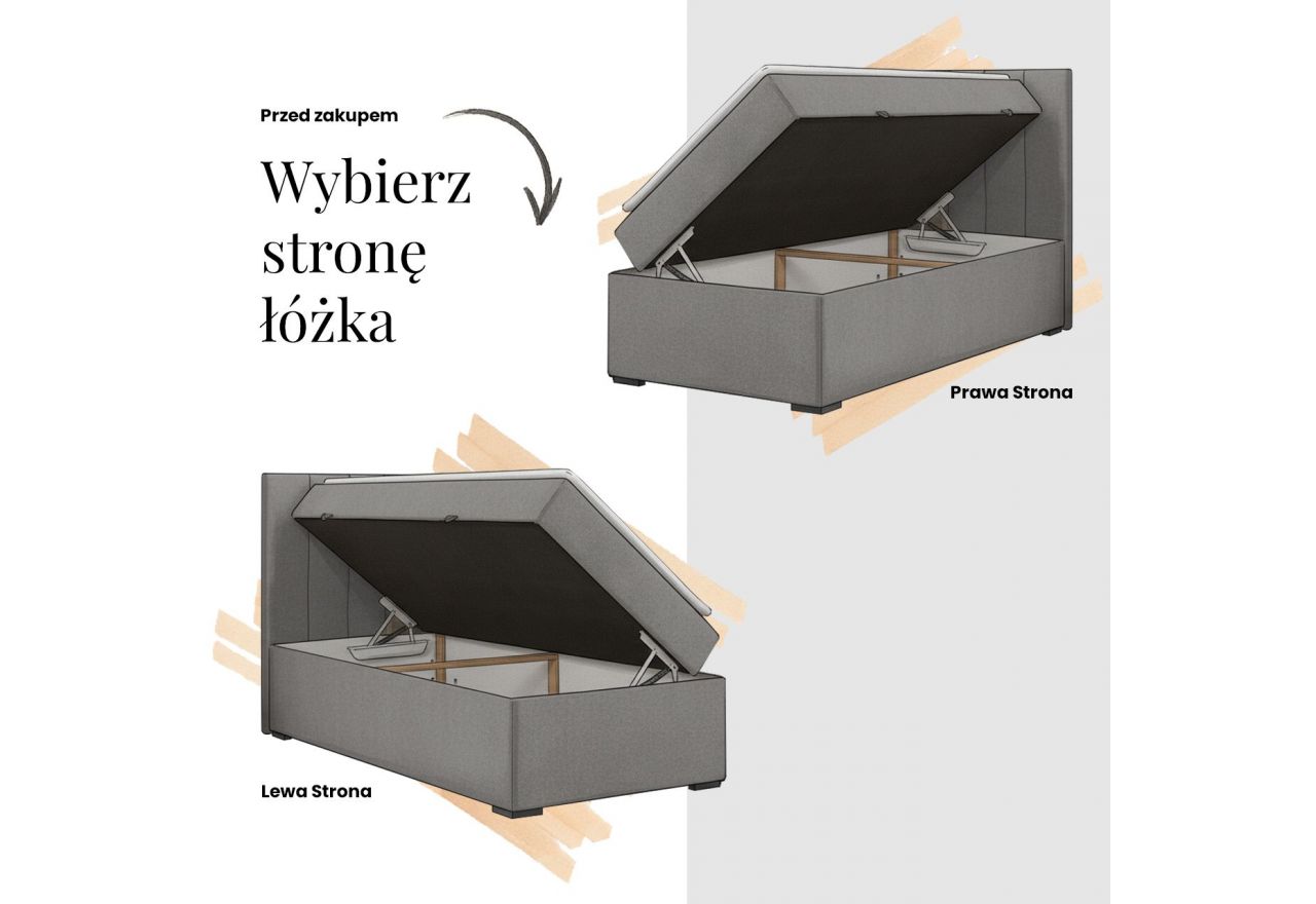 Łóżko kontynentalne TILIANO 90x200 - H3 - jasnoszary, sztruks - strona lewa - topper Visco