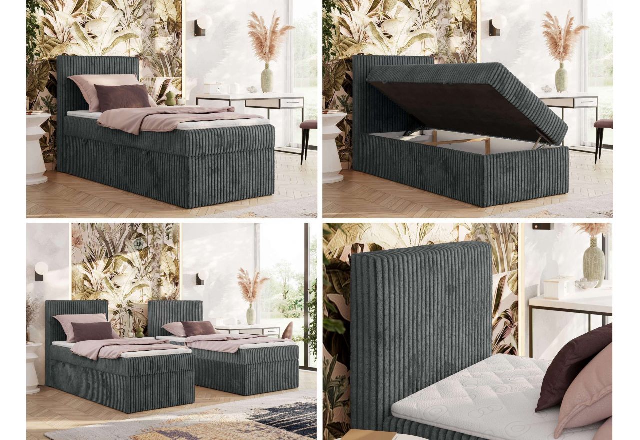 Łóżko kontynentalne TILIANO 90x200 - H3 - ciemnoszary, sztruks - strona lewa - topper Visco