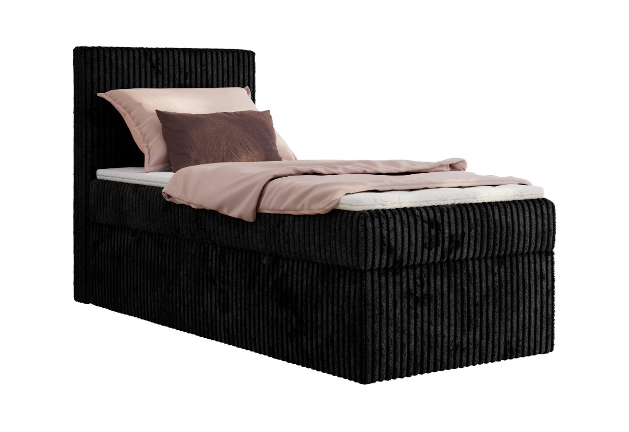 Łóżko kontynentalne TILIANO 90x200 - H3 - czarny, sztruks - strona lewa - topper Visco