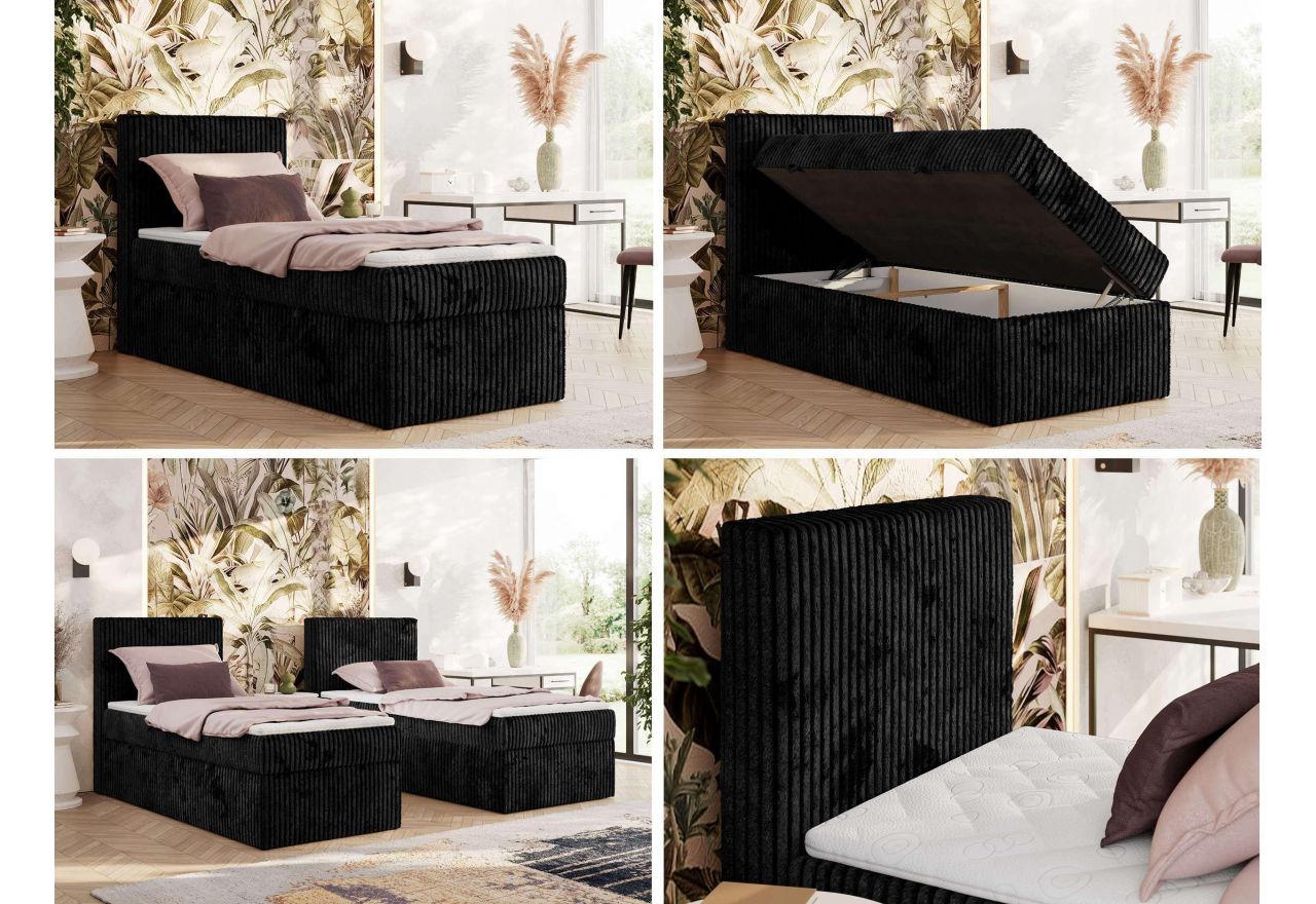 Łóżko kontynentalne TILIANO 90x200 - H3 - czarny, sztruks - strona lewa - topper Visco