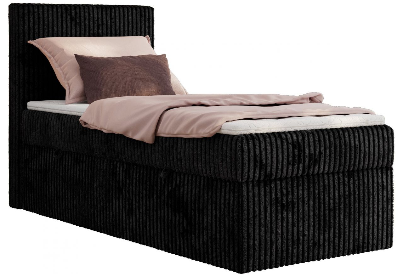 Łóżko kontynentalne TILIANO 90x200 - H3 - czarny, sztruks - strona lewa - topper Visco