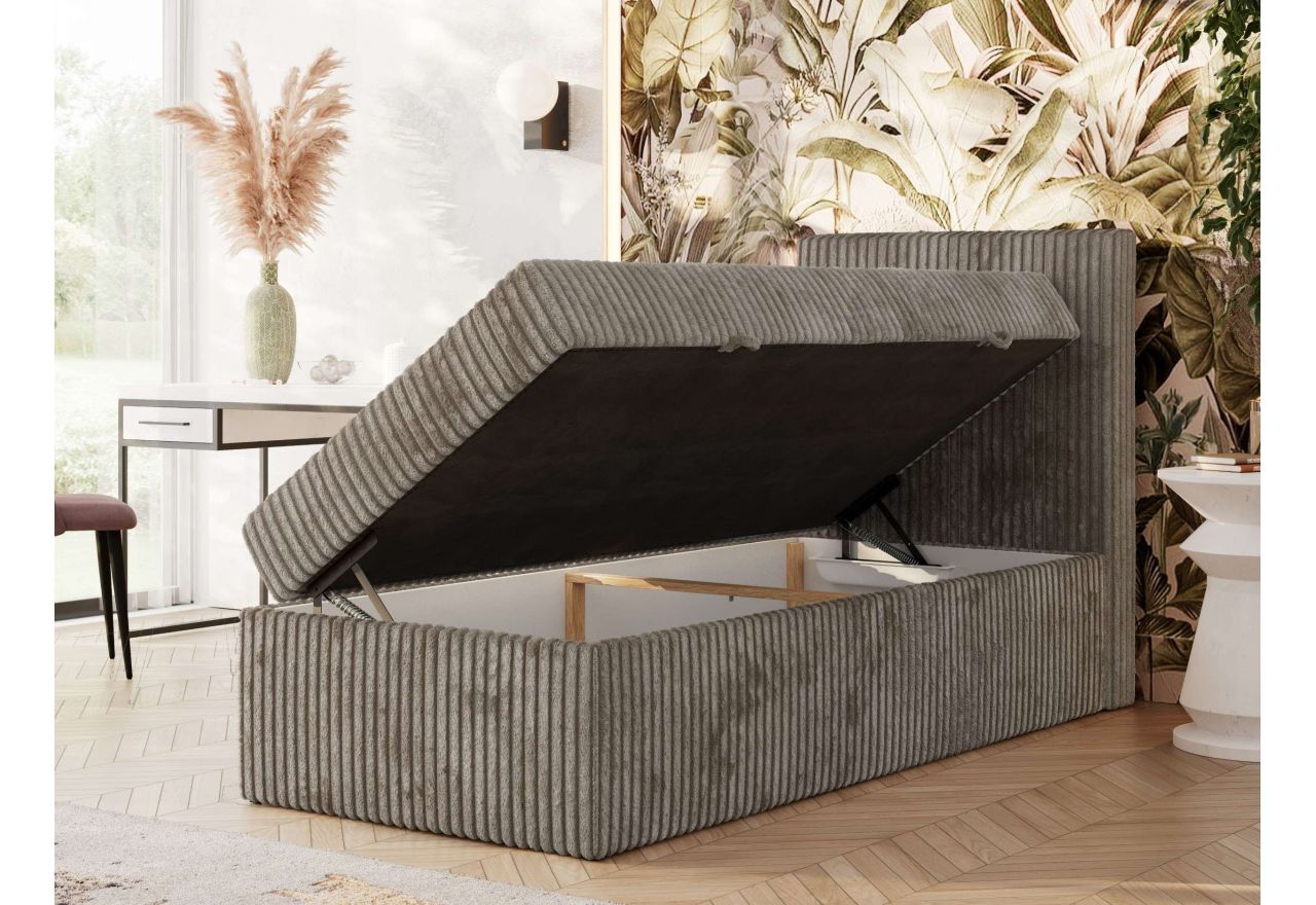 Łóżko kontynentalne TILIANO 90x200 - H3 - jasnobrązowy, sztruks - strona prawa - topper Visco