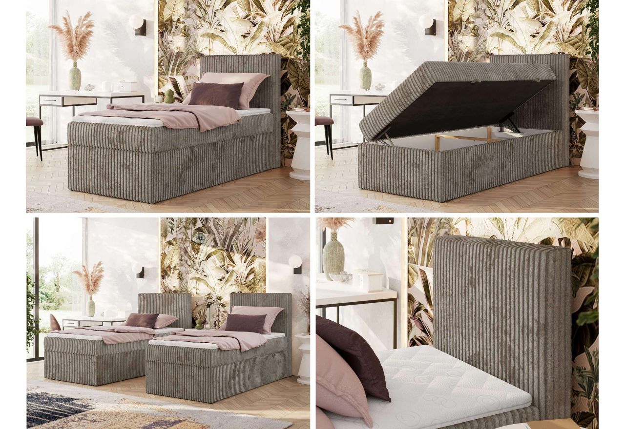 Łóżko kontynentalne TILIANO 90x200 - H3 - jasnobrązowy, sztruks - strona prawa - topper Visco