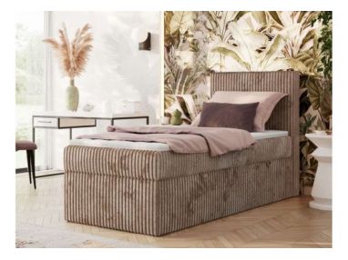 Łóżko kontynentalne TILIANO 90x200 - H3 - brązowy, sztruks - strona prawa - topper Visco