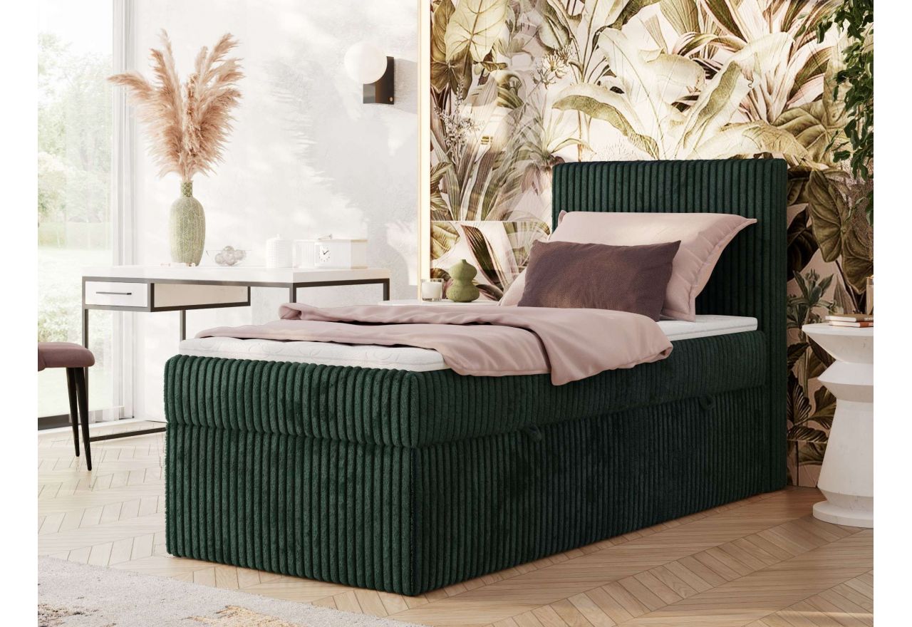 Łóżko kontynentalne TILIANO 90x200 - H3 - ciemnozielony, sztruks - strona prawa - topper Visco