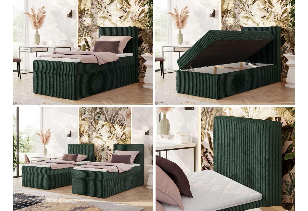 Łóżko kontynentalne TILIANO 90x200 - H3 - ciemnozielony, sztruks - strona prawa - topper Visco