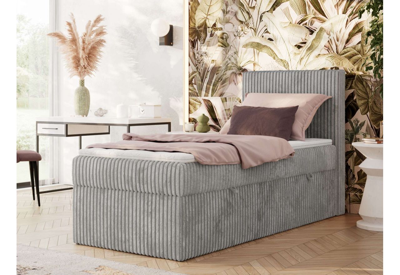 Łóżko kontynentalne TILIANO 90x200 - H3 - jasnoszary, sztruks - strona prawa - topper Visco