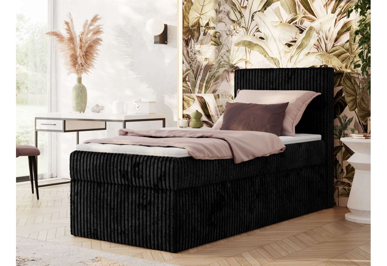 Łóżko kontynentalne TILIANO 90x200 - H3 - czarny, sztruks - strona prawa - topper Visco