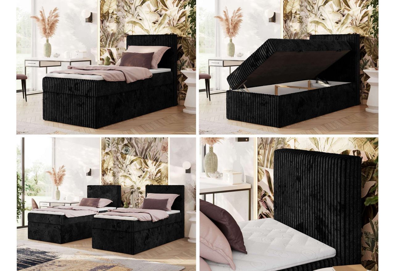 Łóżko kontynentalne TILIANO 90x200 - H3 - czarny, sztruks - strona prawa - topper Visco