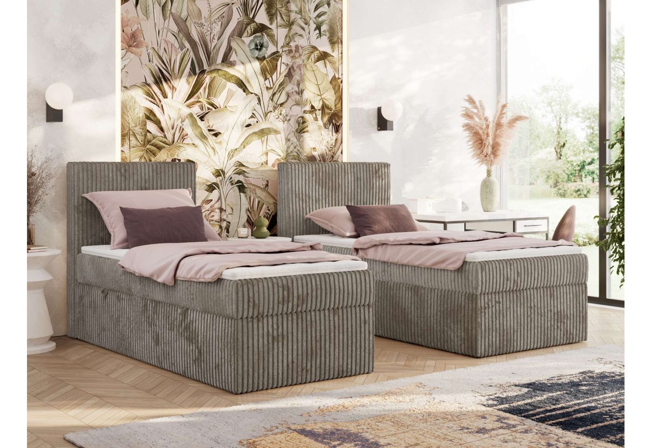 Łóżko kontynentalne TILIANO 90x200 - H4 - jasnobrązowy, sztruks - strona lewa - topper Visco