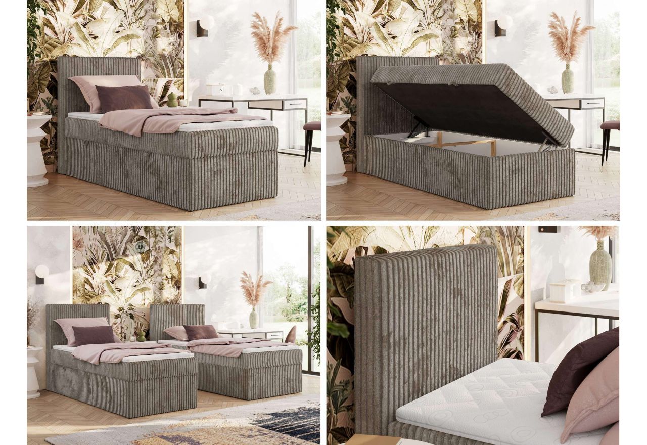 Łóżko kontynentalne TILIANO 90x200 - H4 - jasnobrązowy, sztruks - strona lewa - topper Visco