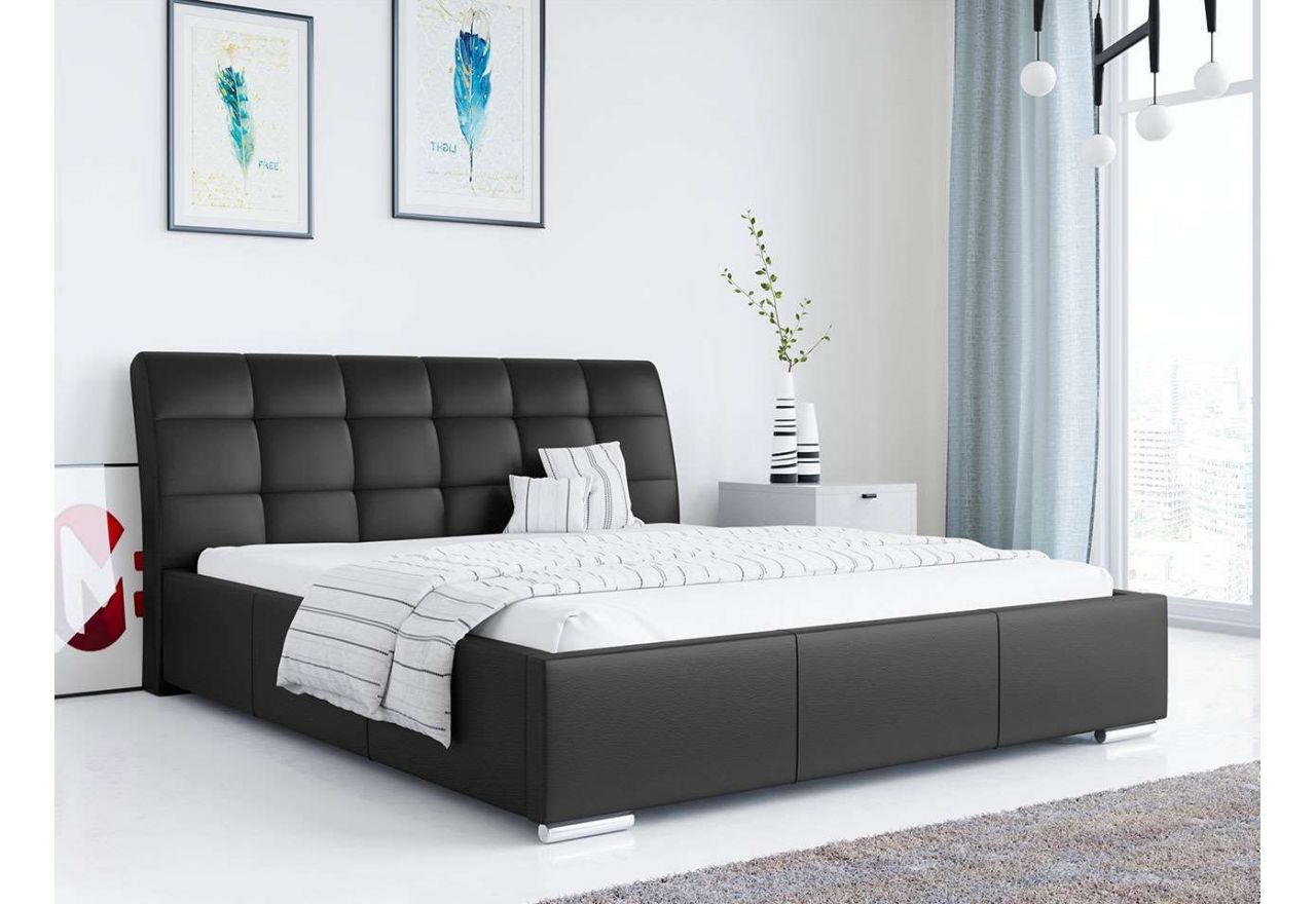 Łóżko tapicerowane z pikowanym zagłowiem do sypialni - GALA czarna ecoskóra