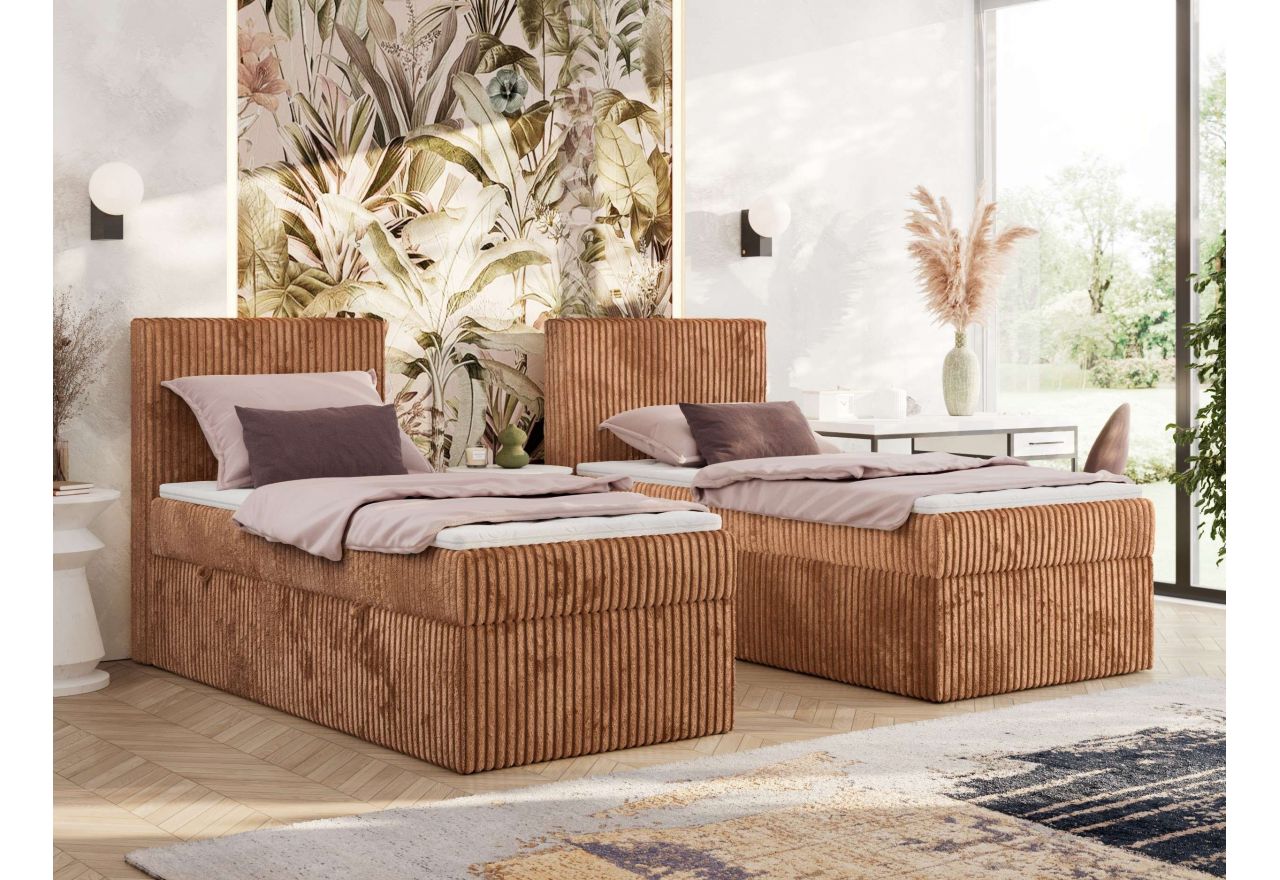 Łóżko kontynentalne TILIANO 90x200 - H4 - pomarańczowy, sztruks - strona lewa - topper Visco