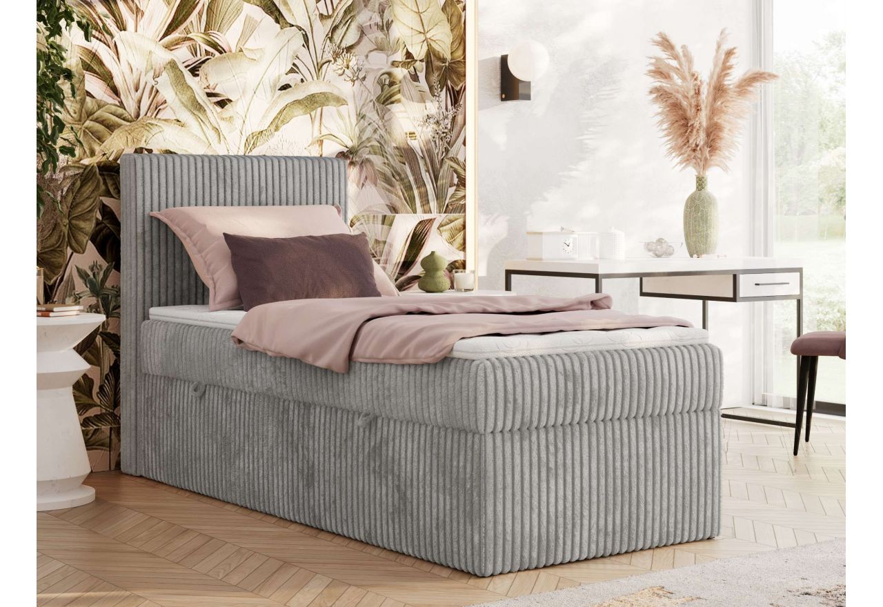 Łóżko kontynentalne TILIANO 90x200 - H4 - jasnoszary, sztruks - strona lewa - topper Visco