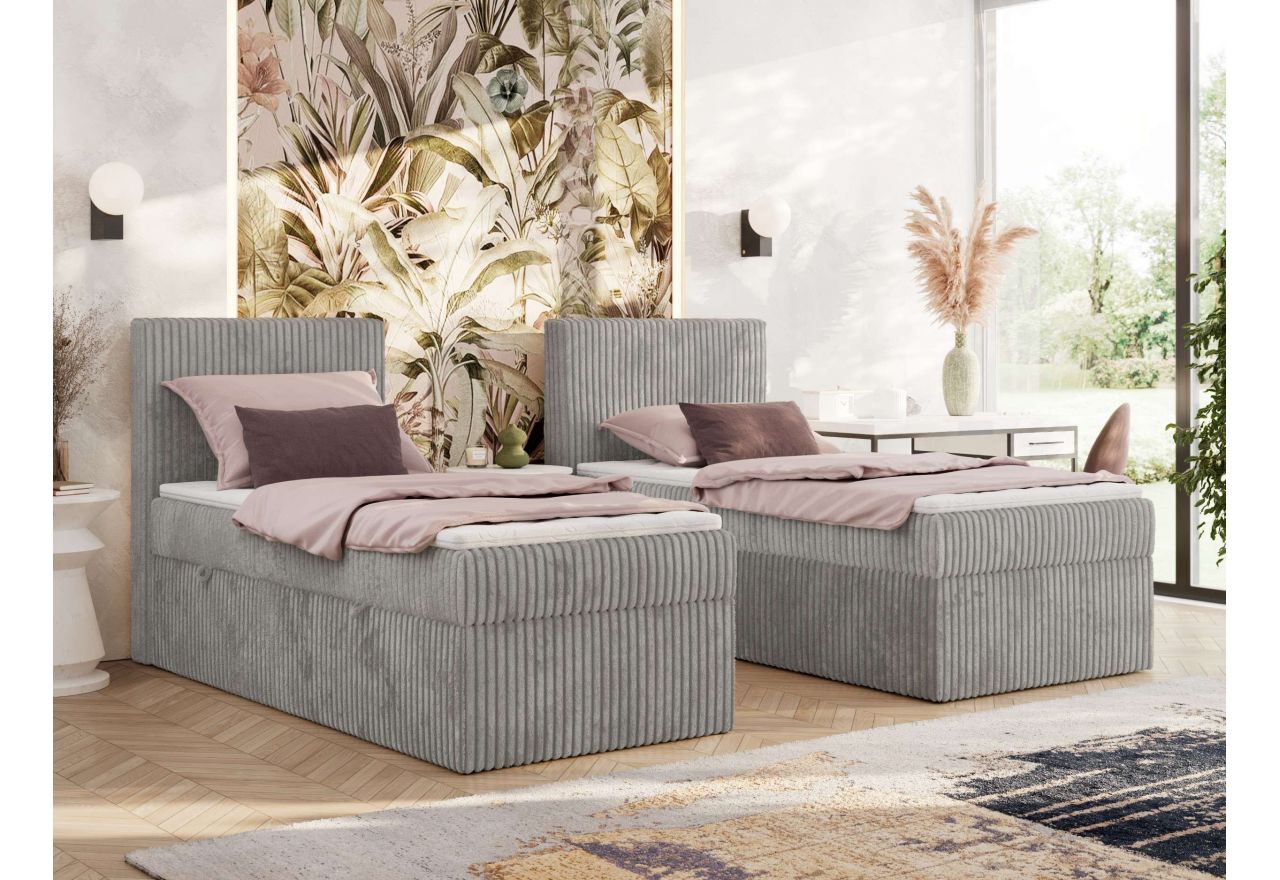 Łóżko kontynentalne TILIANO 90x200 - H4 - jasnoszary, sztruks - strona lewa - topper Visco