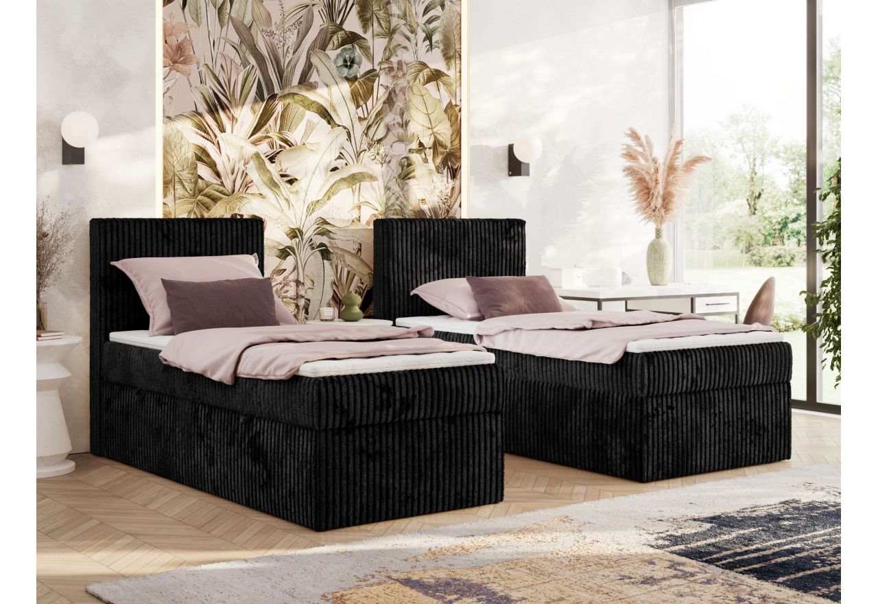 Łóżko kontynentalne TILIANO 90x200 - H4 - czarny, sztruks - strona lewa - topper Visco