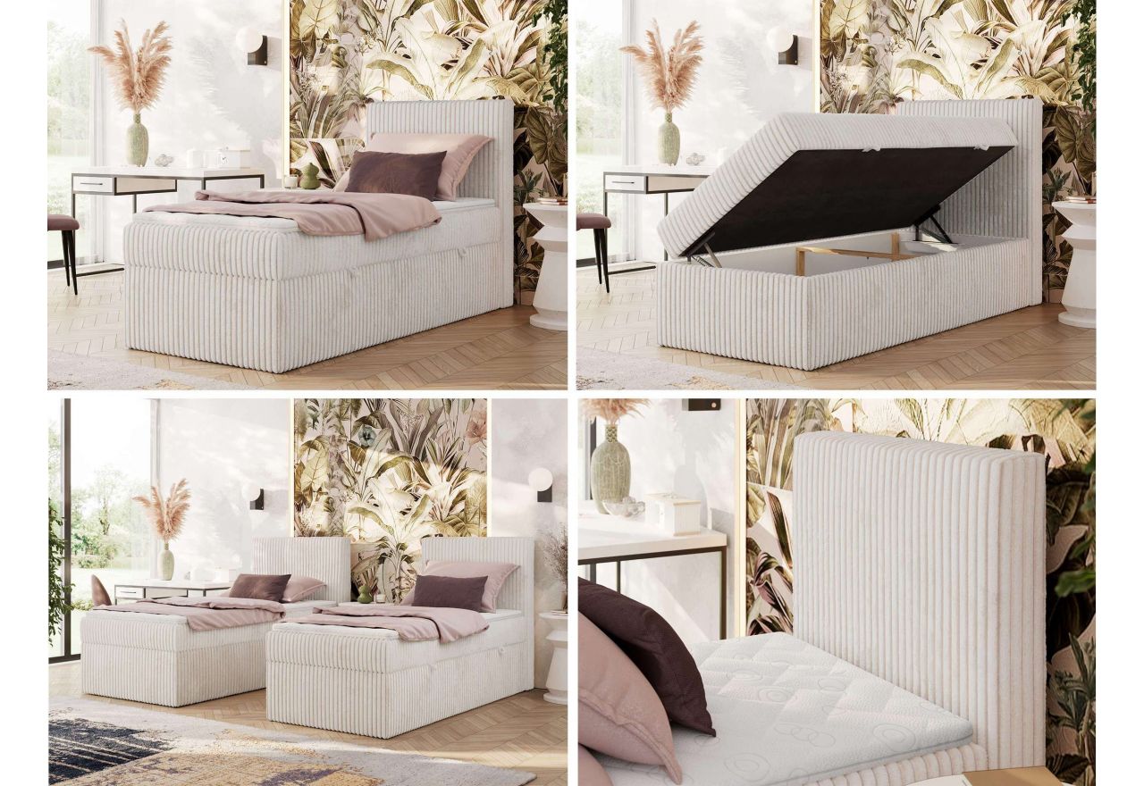 Łóżko kontynentalne TILIANO 90x200 - H4 - beżowy, sztruks - strona prawa - topper Visco