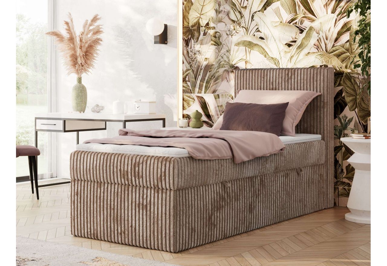 Łóżko kontynentalne TILIANO 90x200 - H4 - brązowy, sztruks - strona prawa - topper Visco