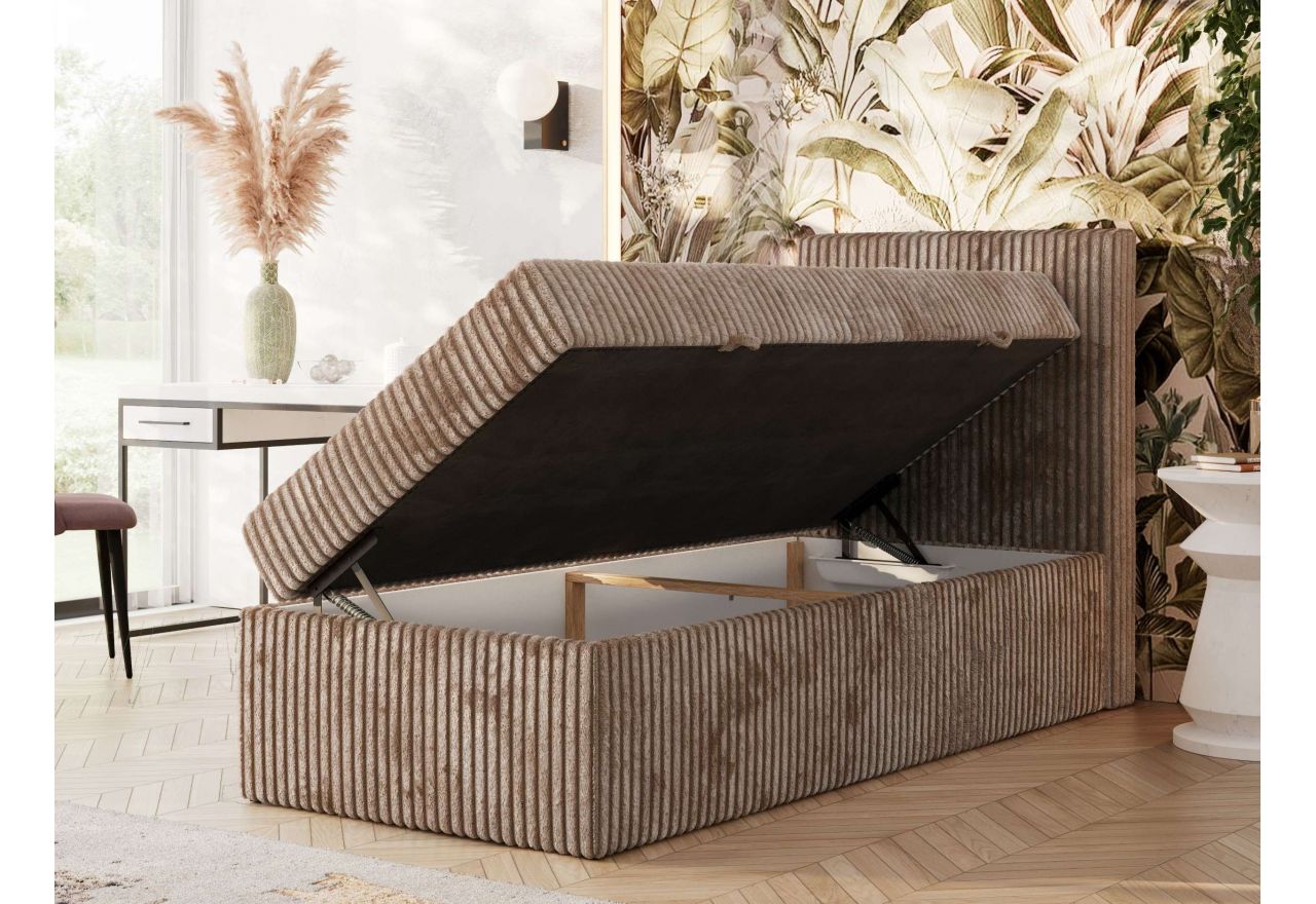 Łóżko kontynentalne TILIANO 90x200 - H4 - brązowy, sztruks - strona prawa - topper Visco