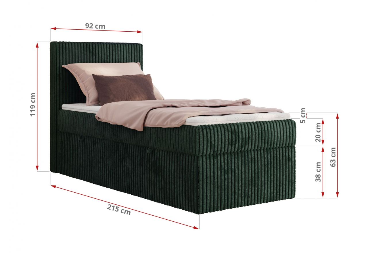 Łóżko kontynentalne TILIANO 90x200 - H4 - ciemnozielony, sztruks - strona prawa - topper Visco