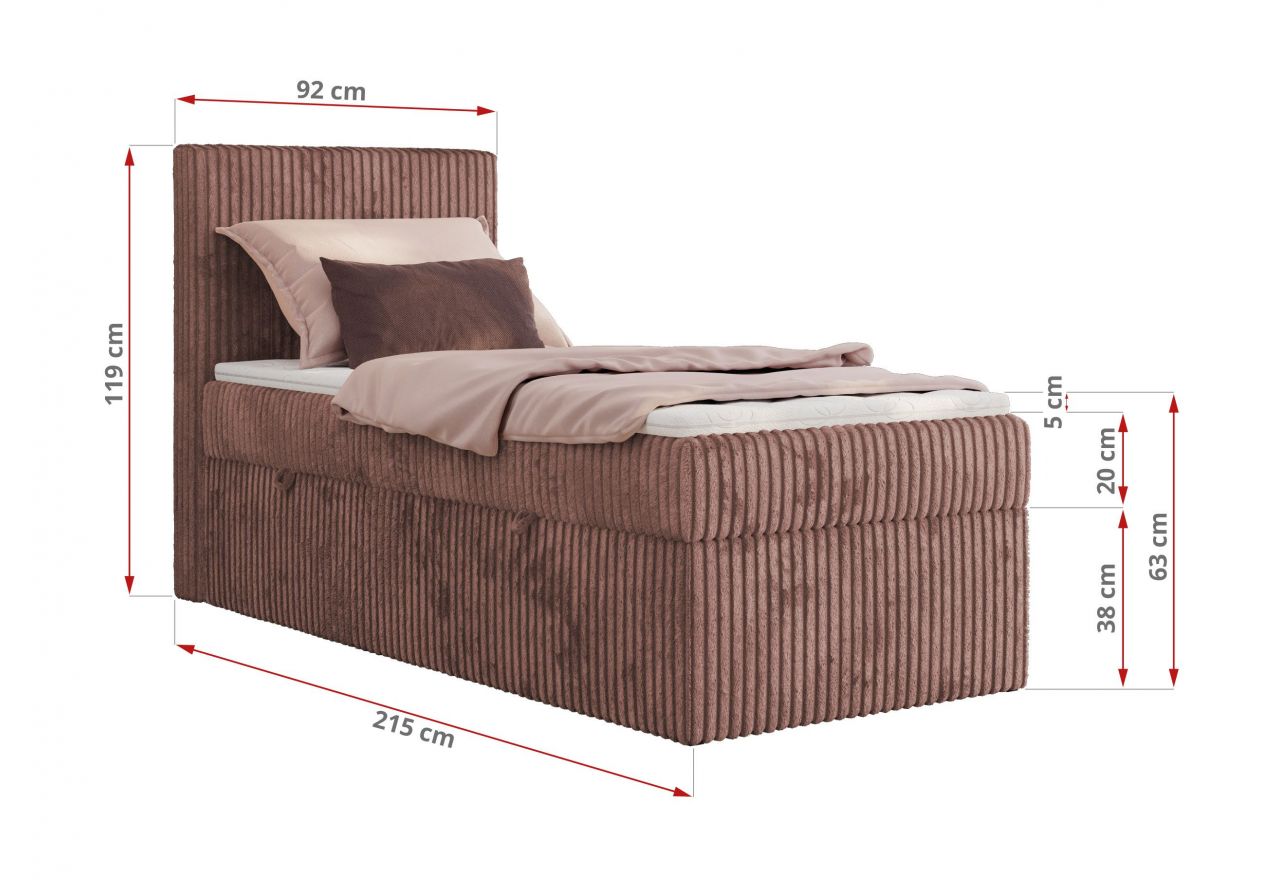 Łóżko kontynentalne TILIANO 90x200 - H4 - różowy, sztruks - strona prawa - topper Visco