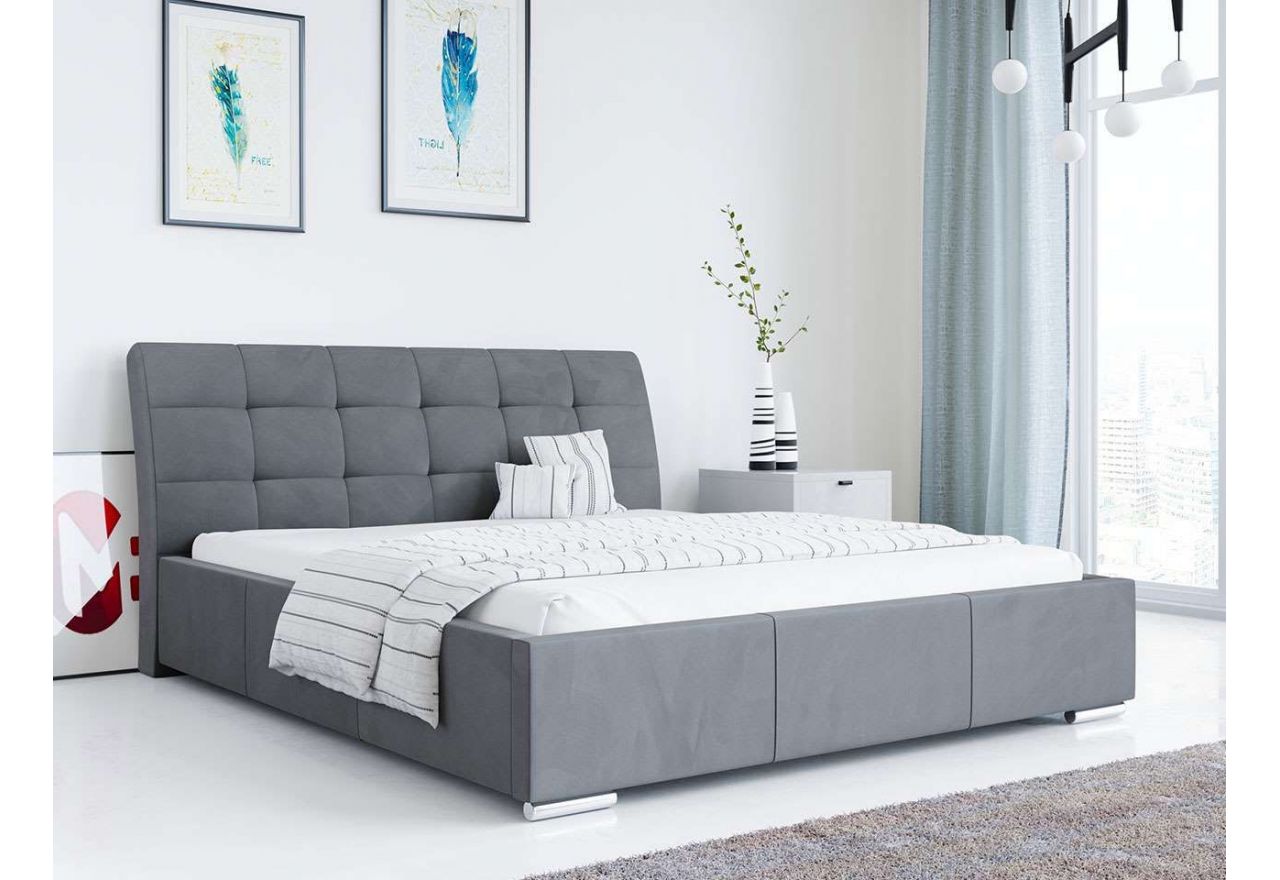 Nowoczesne łóżko tapicerowane z pikowanym zagłowiem i opcją wyboru tkaniny - GALA szary welwet