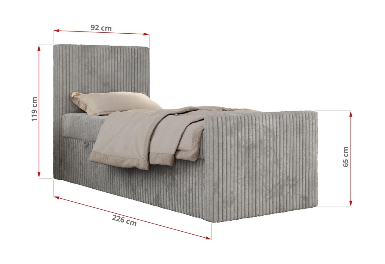 Łóżko kontynentalne TILIO DUO 90x200 - H3 - jasnoszary, sztruks - strona lewa