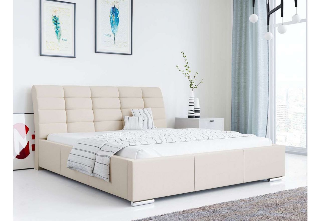 Nowoczesne łóżko tapicerowane z wysokim zagłowiem i opcją wyboru materaca - NANA beżowa tkanina welurowa