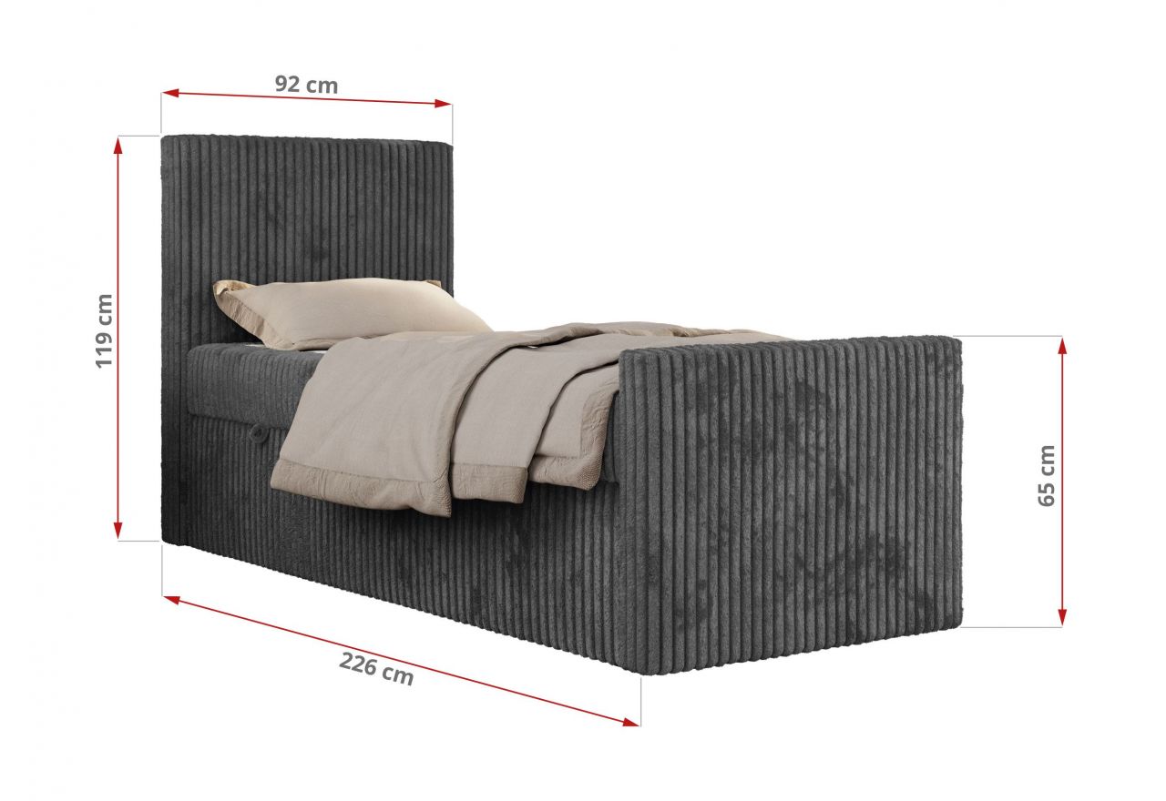 Łóżko kontynentalne TILIO DUO 90x200 - H3 - ciemnoszary, sztruks - strona prawa