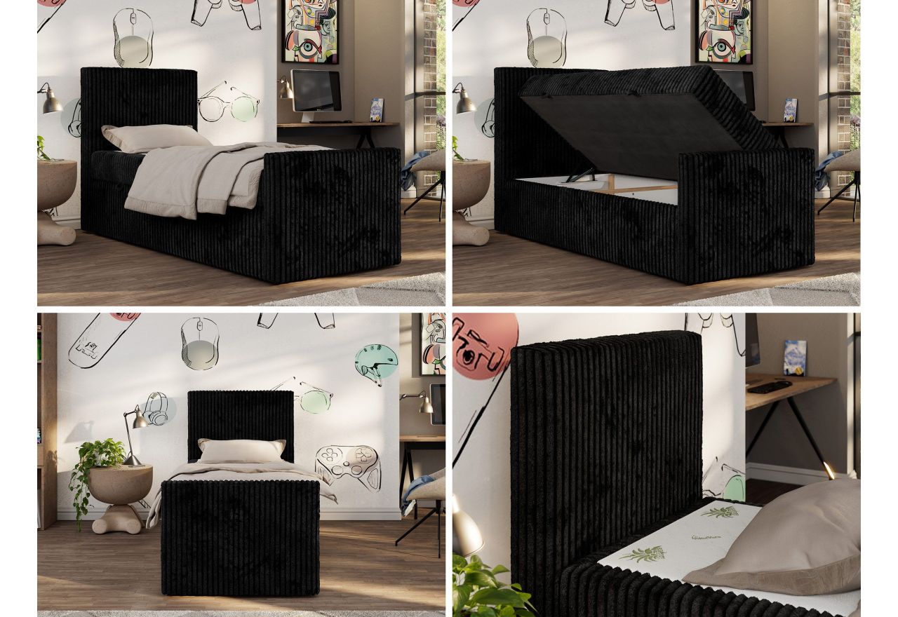 Łóżko kontynentalne TILIO DUO 90x200 - H4 - czarny, sztruks - strona lewa