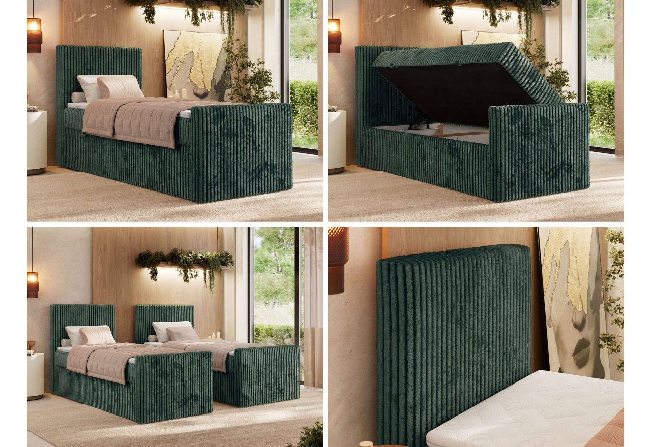 Łóżko kontynentalne TILIANO DUO 90x200 - H3 - ciemnozielony, sztruks - strona lewa - topper T25