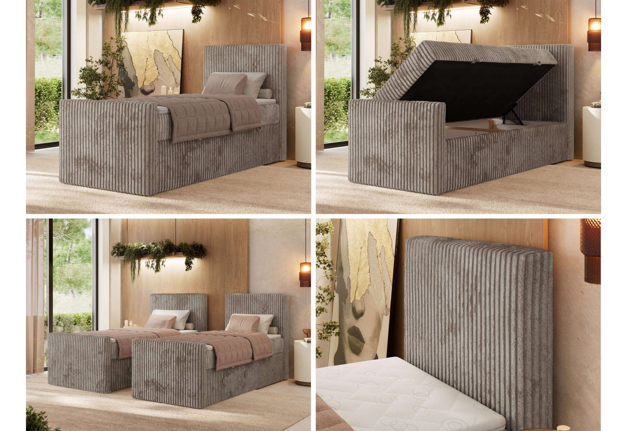 Łóżko kontynentalne TILIANO DUO 90x200 - H3 - jasnobrązowy, sztruks - strona prawa - topper T25