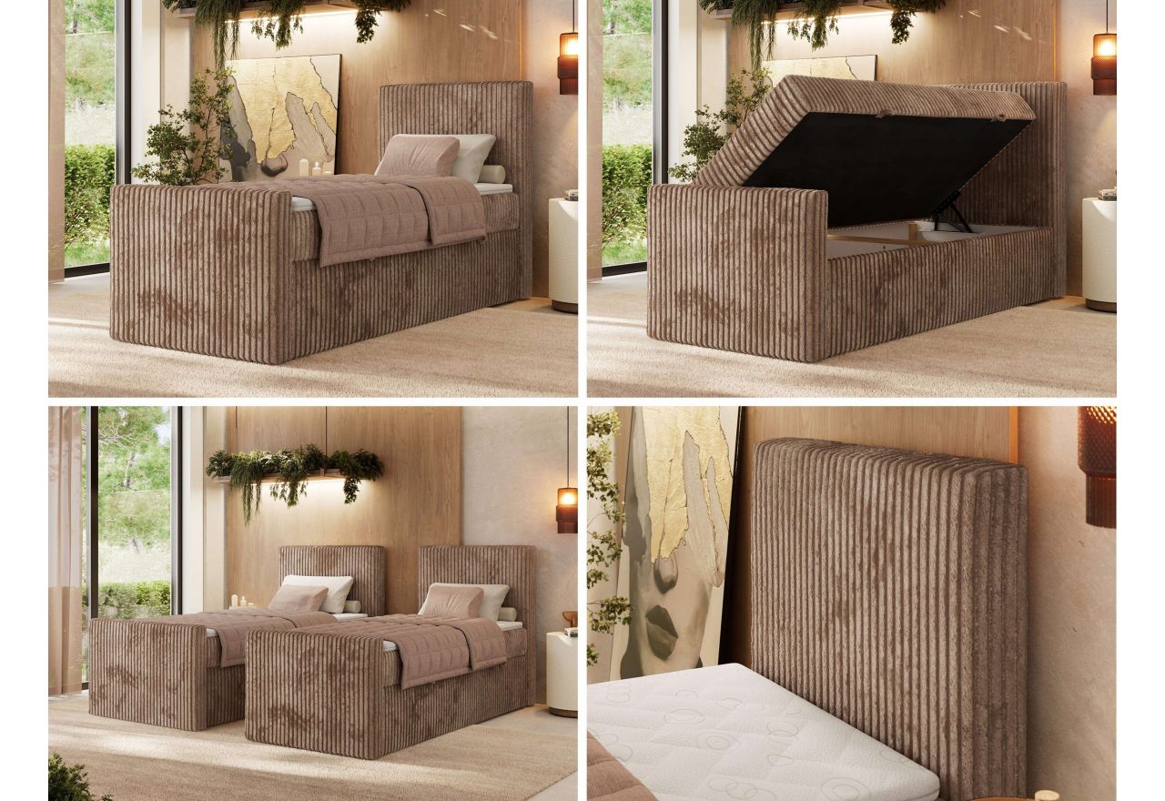 Łóżko kontynentalne TILIANO DUO 90x200 - H3 - brązowy, sztruks - strona prawa - topper T25