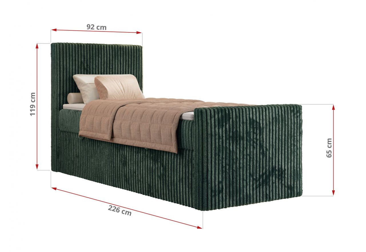 Łóżko kontynentalne TILIANO DUO 90x200 - H3 - ciemnozielony, sztruks - strona prawa - topper T25