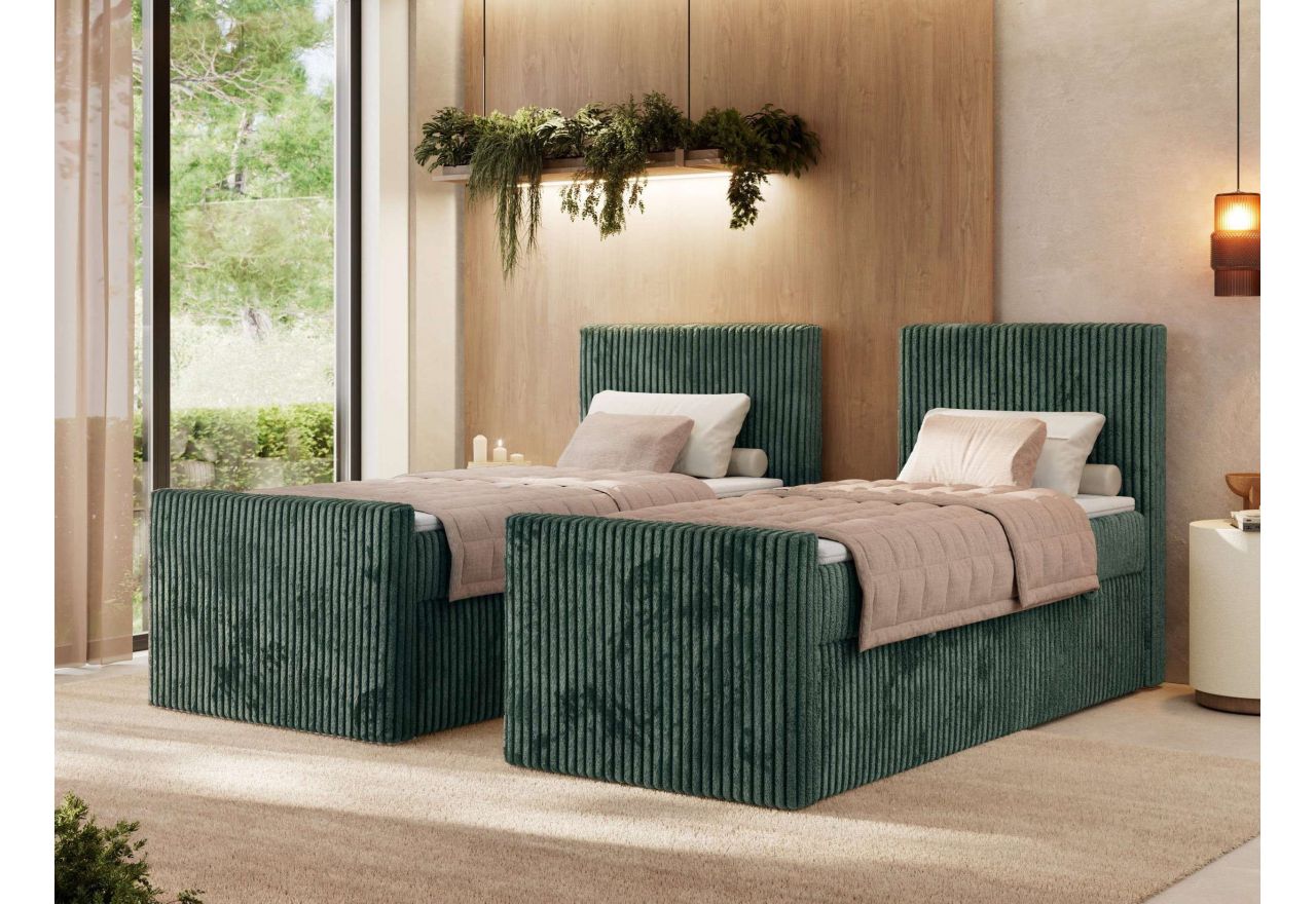 Łóżko kontynentalne TILIANO DUO 90x200 - H3 - ciemnozielony, sztruks - strona prawa - topper T25