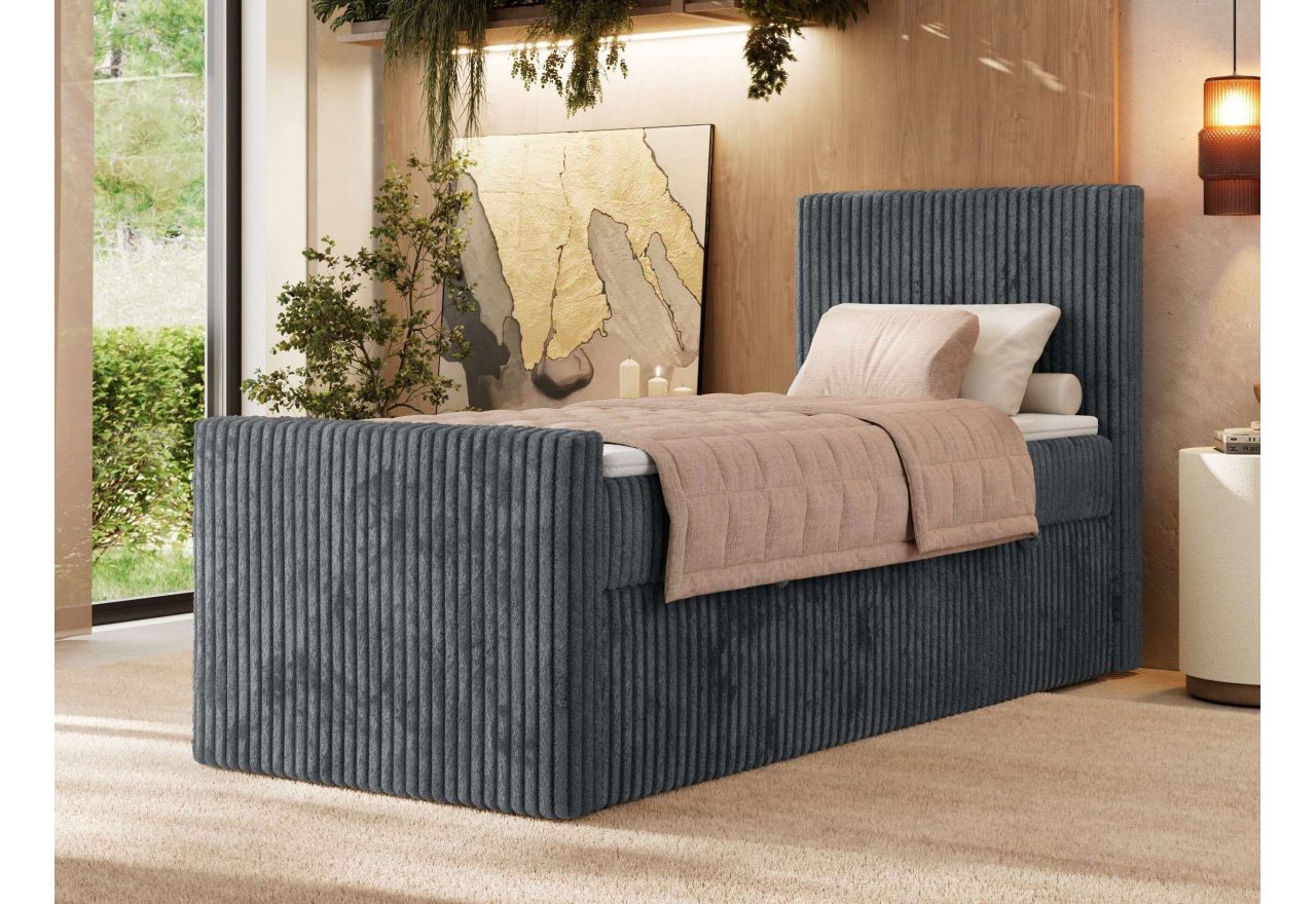 Łóżko kontynentalne TILIANO DUO 90x200 - H3 - ciemnoszary, sztruks - strona prawa - topper T25