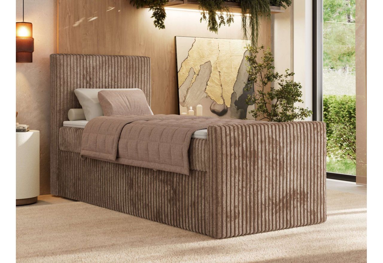 Łóżko kontynentalne TILIANO DUO 90x200 - H4 - brązowy, sztruks - strona lewa - topper T25