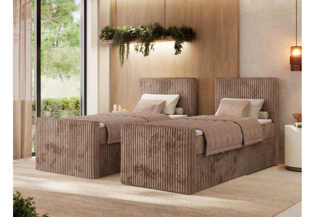 Łóżko kontynentalne TILIANO DUO 90x200 - H4 - brązowy, sztruks - strona prawa - topper T25