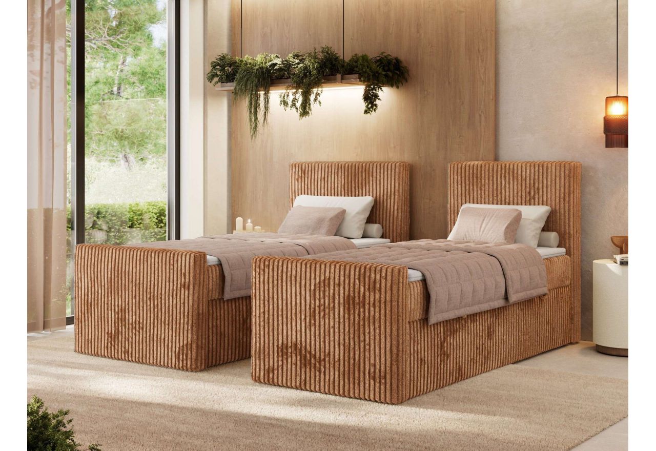 Łóżko kontynentalne TILIANO DUO 90x200 - H4 - pomarańczowy, sztruks - strona prawa - topper T25