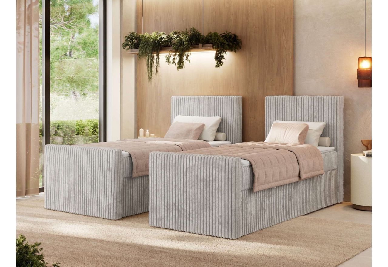 Łóżko kontynentalne TILIANO DUO 90x200 - H4 - jasnoszary, sztruks - strona prawa - topper T25