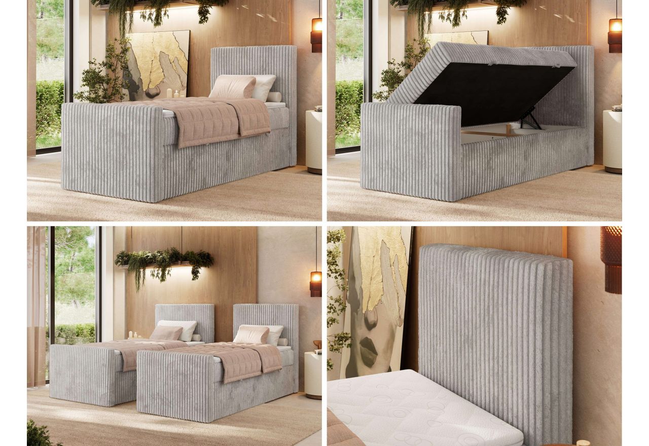 Łóżko kontynentalne TILIANO DUO 90x200 - H4 - jasnoszary, sztruks - strona prawa - topper T25