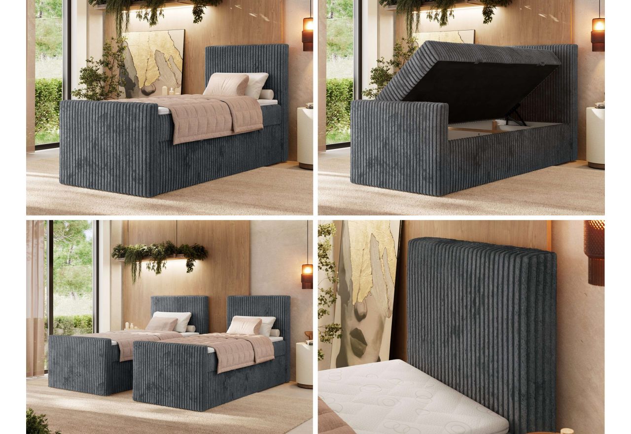 Łóżko kontynentalne TILIANO DUO 90x200 - H4 - ciemnoszary, sztruks - strona prawa - topper T25