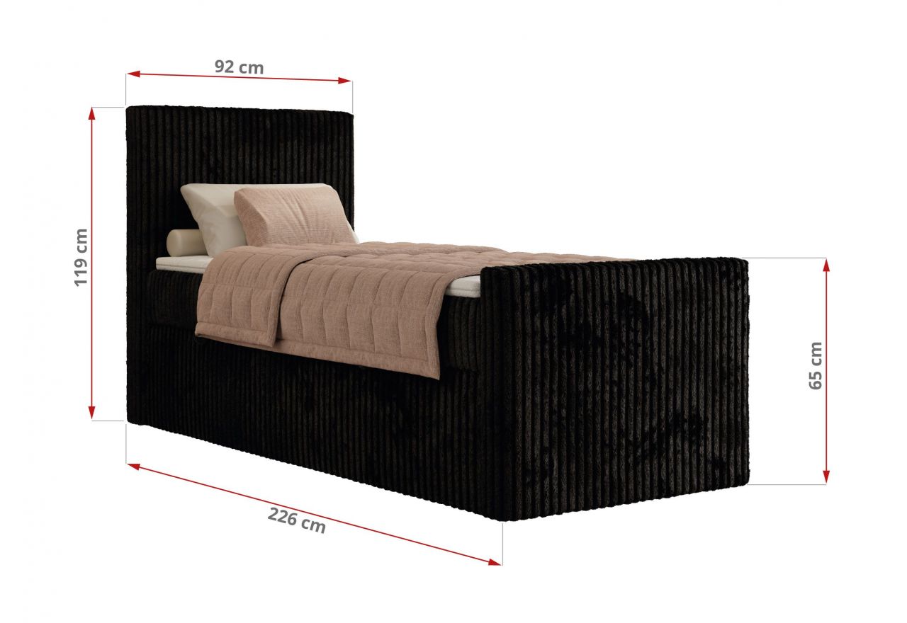 Łóżko kontynentalne TILIANO DUO 90x200 - H4 - czarny, sztruks - strona prawa - topper T25