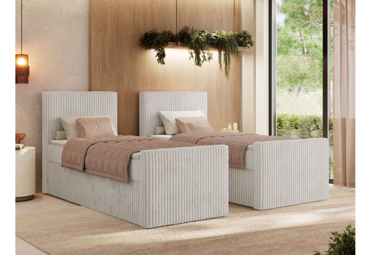 Łóżko kontynentalne TILIANO DUO 90x200 - H3 - beżowy, sztruks - strona lewa - topper Visco