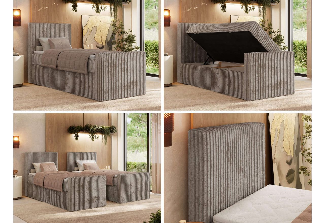 Łóżko kontynentalne TILIANO DUO 90x200 - H3 - jasnobrązowy, sztruks - strona lewa - topper Visco