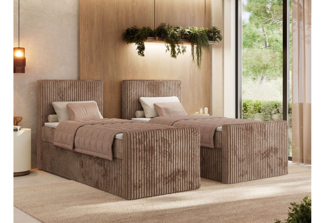 Łóżko kontynentalne TILIANO DUO 90x200 - H3 - brązowy, sztruks - strona lewa - topper Visco